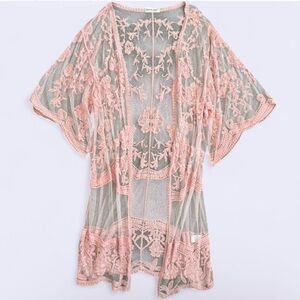 Anna-Kaci Pink Mesh Kimono Cotton Floral Embroidery One Size Long